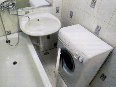 Стиральная машина правильно установлена в маленькой ванной Правильно установленная, стиральная машина