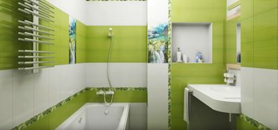 Сочетание салатной и белой плитки в ванне